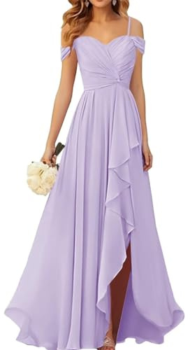 WSEYU Vestidos de dama de honor con hombros descubiertos y abertura, plisados, de gasa, vestidos largos formales para fiesta de noche, Lila, 38