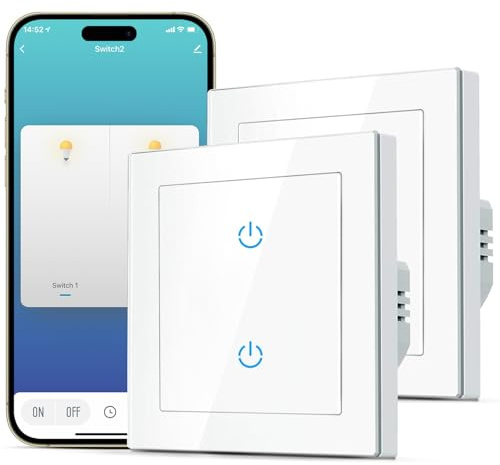 SMARTERCURRY Smart WLAN Lichtschalter 2 Fach 1 Weg, Weiß-2 Stücke | Glas Touch Lichtschalter Kompatibel mit Alexa/Google Home, App Timer/Fernbedienung-Funktionen, Neutralleiter Erforderlich