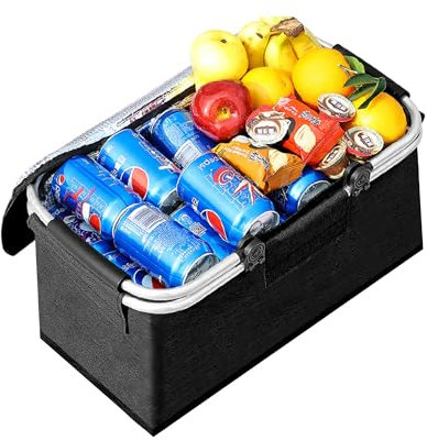 JXCTNNU Picknickkorb 25L Einkaufskorb Faltbar Groß Picknickkorb Kühlkorb Einkaufskorb mit Deckel Tragekorb mit Henkel Korb Einkaufen Kühlfach Thermo Picknicktasche für Einkaufen Picknick (Schwarz)