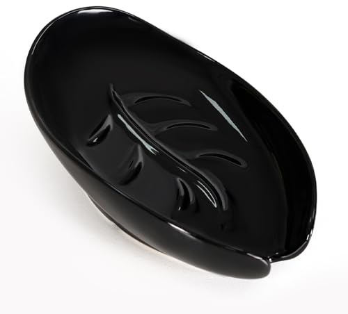 Umlaca Soap Dish Ceramic, Self Draining Soap Holder, Leaf Shape Soap Dish, Bar Soap Holder, Soap Tray, Suitable for Kitchen, Sink, Bathroom, Shower (Black)