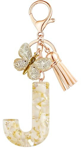 Vorysum Schlüsselanhänger Mädchen Schmetterling Schlüssel Buchstabe Anhänger Beige Marmor Harz Mit Anfangsbuchstaben Gold Schlüsselringe Kinder Schlüsselanhänger Personalisiert Keychain Geschenk（J）