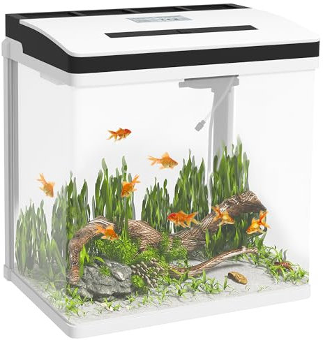 PawHut Acquario per Casa da 28L a Illuminazione LED con Fori di Ventilazione e Pompa Silenziosa, Vaschetta per Pesci in Vetro HD e ABS, 38x26x38 cm, Bianco e Trasparente