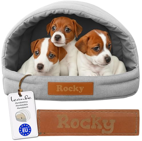 Leanbe Personalisierte Hundehütte/Hundehöhle – Kuscheliges Hundebett mit Namensgravur – Katzenhöhle & Schlafplatz für kleine und große Hunde Hundehaus (Asche, R3:55x47x39cm)