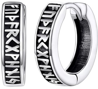 Bewenda Wikinger Creolen Herren, Wikinger Ohrringe Creolen mit Elder Futhark Runen, Rune Huggies Ohrringe Männer Kreolen Klein, Unisex Kreolen Piercing Punk Ohrschmuck mit Geshenkebox - Schwarz/Silber