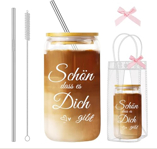 AuraFusion Trinkglas mit Deckel und Strohhalm, 16 oz, Bleifreies Glas, Inklusive Geschenkverpackung, Geburtstagsgeschenk für FrauenIdeal, für Cocktails, Saft und mehr
