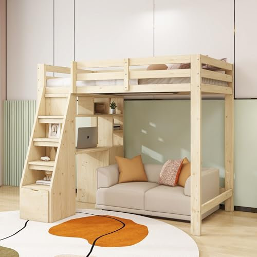 Gxffipw Hochbett Kinderbett 90x200 cm mit Stauraumtreppe und Rausfallschutz, Etagenbett mit Freiraum unter dem Bett mit Regal und Schreibtisch, Einzelbett mit Lattenrost, Holzfarbe, Ohne Matratze
