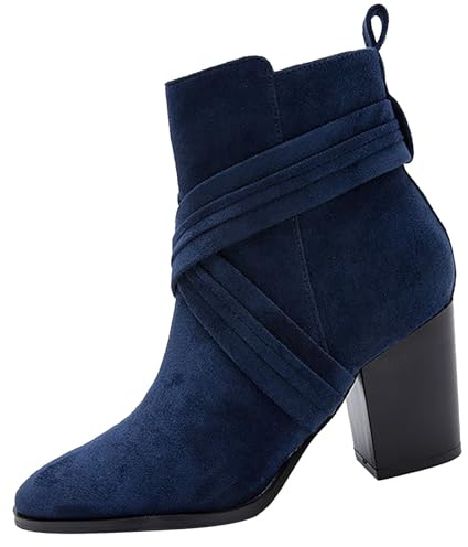 Stivaletti da donna con tacco alto e tacco a blocco, stivali invernali da donna con chiusura lampo, stivali chelseaboots a punta corta, eleganti stivali da donna per lavoro, Blu, 40 EU