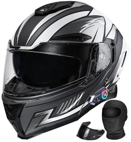 Casque de Moto modulaire Bluetooth, homologué ECE/Dot, Casque intégral Rabattable avec Double visière, Haut-parleurs intégrés et Microphone, for Adultes, Hommes et Femmes(F,XL58~59CM)