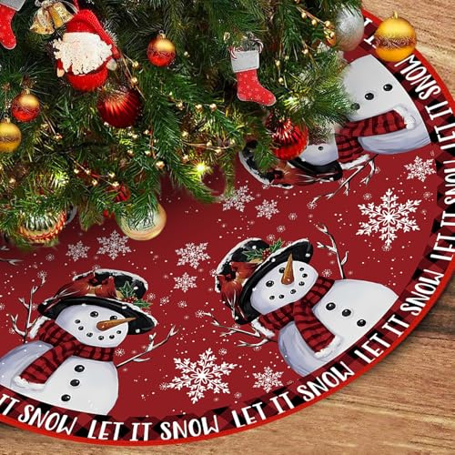 Weihnachtsbaum Decke 120cm, ZoneYan Weihnachtsbaumdecke Rund Rot, Weihnachtsbaum Rock,Schneemann Motiv, Christbaumständer Teppich Baumdecke, für Weihnachtsdeko Urlaub Party Deko