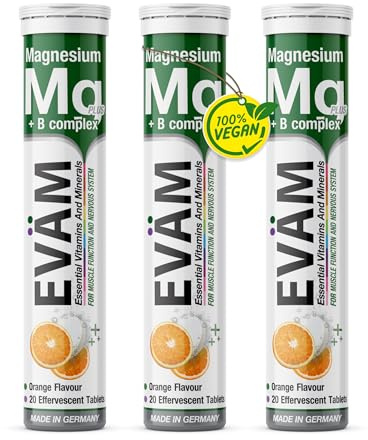 EVÄM Magnesium 300 mg + Vitamin B Komplex Brausetabletten | B1 B2 B6 B12 | Für Muskeln, Energie & Nerven | Orange Geschmack | Vegan | Made in Germany | 3 x 20 Tabletten