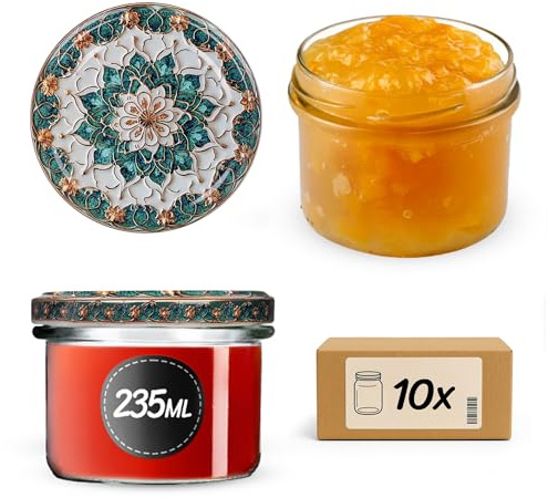 KADAX konserveringsburkar 235 ml med skruvlock fi82 mm, små syltburkar med lock, skruvburkar för sylt och honung, fallburkar, glasburkar (grön/guld, 10 stycken)