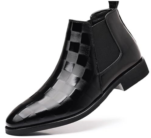 YHEROHG Men's Patent Leather Print Slip On Chelsea Boots Comfortable Elastic Band Pointed Toe Chunky Heel Business Work Dress Chukka Ankle Boots (Black,8.5)