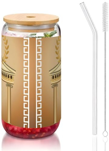 JEJEA Edificio antiguo con rama de olivo romano y tazas de vidrio griego con tapas de bambú y popotes, taza de café, tazas en forma de lata, vasos, cóctel, transparente