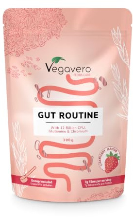 Gut Routine | Formule Tout en Un : 7g de Fibres, Probiotiques, L-Glutamine | Digestion & Microbiote Intestinal | Vegan & Sans Gluten | Goût Fraise | Vegavero®