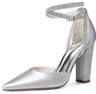 MlYJmer dam bröllopsskor hög klack ankelrem party eleganta brudskor, silver, 37 EU