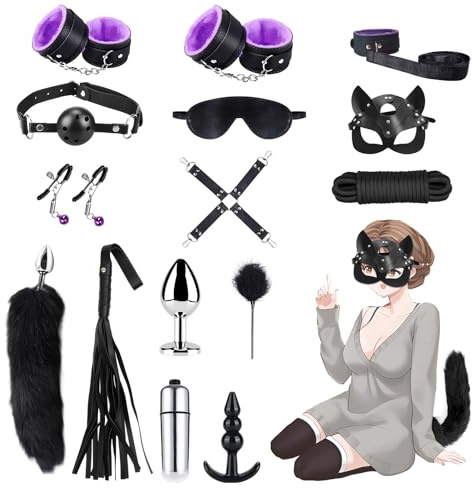 Qoosea SM Bondage Kit 15 Piezas, BDSM Restraints Kits Erótico Set Juguetes Sexuales Plug Anal con Cola de Zorro Butt Plug Set para Parejas, Bondage Set Esposas para Principiantes y Experimentados