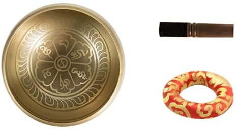 Singing Bowl, handgjord klangskål i mässing för meditation, yoga, chakra-läkning och avkoppling med slagverk (set B)