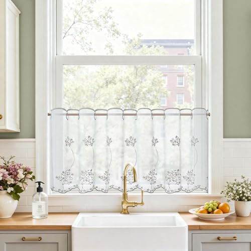 TOPICK Scheibengardine Bistrogardine Gardinenschals 1 Stück H45xB120 Grau | Lichtdurchlässig Küchengardinen für Küche modern Kurzgardine Wohnzimmer Küchenfenster Fensterschal Landhausstil Küchevorhänge