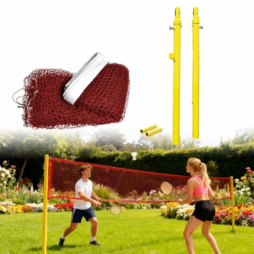 Badminton-Pfostenset, Volleyballnetz mit Pfosten, 6,1 x 0,76 m Netz, 4-fach höhenverstellbare Pfosten, runde, teleskopierbare Sportpfosten aus Eisen als Ersatz für Indoor- und Outdoor-Sportanlagen