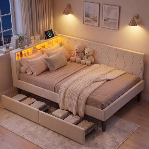 BRILVERDE Boxspringbett 140x200 mit 2 Schubladen, Polsterbett mit LED/USB-Licht, Jugendbett mit Stauraum Kopfteil, Bettgestell mit Lattenrost, Samt (Beige, 140 x 200 cm)