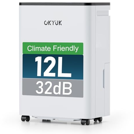 OKYUK Deshumidificador de 12 litros/día, adecuado para habitaciones de aprox. 90 metros cúbicos (30 metros cuadrados),Deshumificadores de humedad, descongelación automática, 32 dB, refrigerante R290
