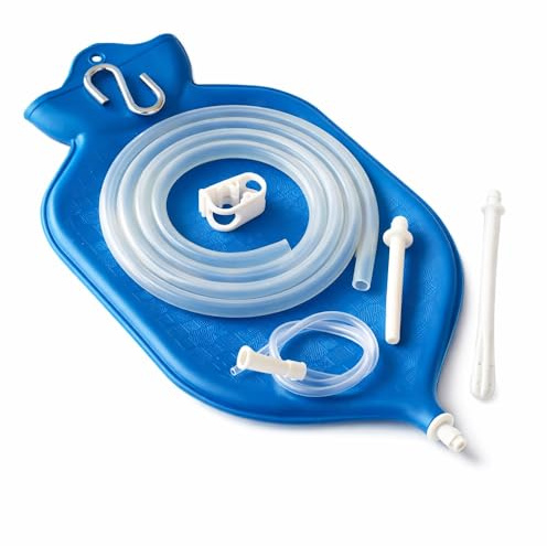 HealthAndYoga(TM) NaturoFlo Superior Enema Bag Kit - 2 Quart Fountain (Open) top Silicone Hose with Robust Metal Suspension - Blue