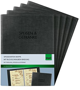 SIGEL SM136/5 Speisekarten-Mappen mit Buchschrauben-Bindung für A5, 5-er Pack, schwarz mit edler Leinenstruktur, strapazierfähig und leicht abwischbar