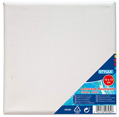 Stylex 28582 - Keilrahmen 15 x 15 cm, mit Leinwand aus 100 % Baumwollgewebe bespannt, grundiert, rückseitig geheftet, für Öl-, Acryl- und Temperafarben, Gouache - Malerei