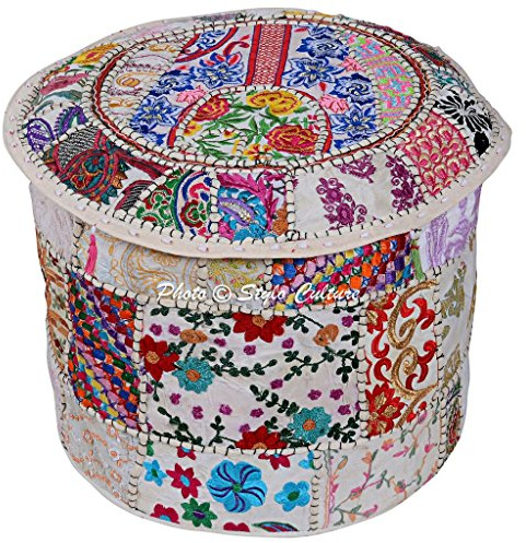 Stylo Culture Indian Pouffe Footstool Cover Cotton Bohemian Decor Round Ottoman Pouf Stool White Patchwork Embroidered Puff Pouf Cover Floral Tuffet Chair Seat 45 cm Floor Cushion Cover (COVER ONLY)