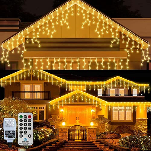 10M Lichterkette Eisregen Außen Weihnachten Strom,400LED Lichtervorhang Eiszapfen Weihnachtsbeleuchtung mit Fernbedienung Timer Wasserdicht Verknüpfbar für Christmas Zimmer(Warmweiß)