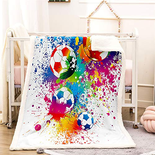 Ouduo Couvertures et Plaids, Impression de Football Couverture Polaire Moelleuse pour Adultes Enfants en Microfibre pour Canapé lit Sherpa Couverture (Graffiti de Football Couleur,150x130cm)
