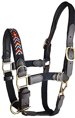 Gepolstertes Halfter mit braunem Leder, Handgeknüpftes Band in Rot und Blau (Pony)