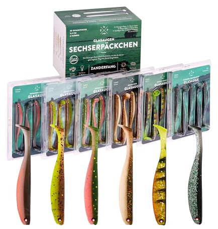 Zanderfang Gummifisch Set Glasaugen – Gummifische für Zander, Hecht, Barsch | 6 fängige Farben • 4 Größen • weiche robuste Gummimischung • natürlicher Lauf für Zander, Hecht & Barsch