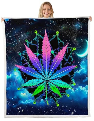 Erosebridal Leaves Flannel Sherpa Blanket - Bohemian Mandala Leaf Plush with Galaxy Starry Sky Design - Blue Purple Fuzzy Throw 50x60