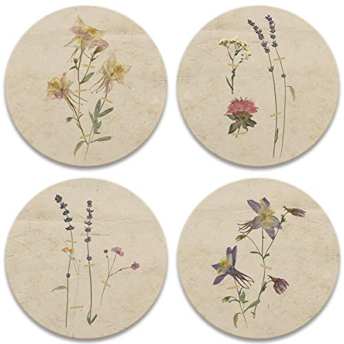 Pressed Flowers Drink Coasters, Absorbent Self Drying Absorbent Coasters for Hot or Cold Drinks Neutral Décor