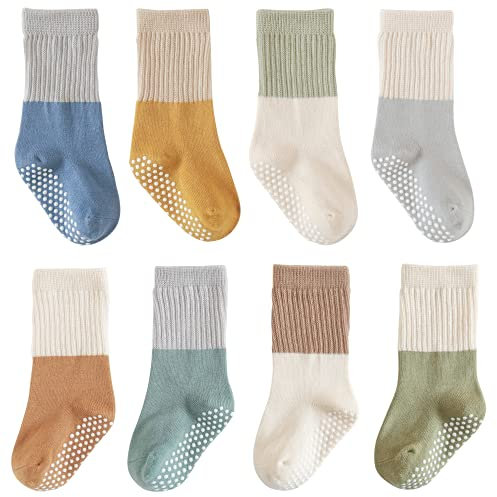 J Poqobog Kleinkind Baby Mädchen Jungen Socken - Baumwolle Rundsocken für Baby Geschenke Pack Baumwollreiche Kniestrümpfe Set (1-3 Jahre, Blau Grün Rutschfest 8 Paar)