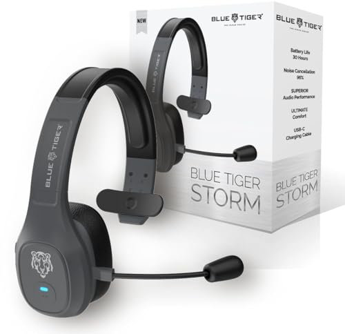 Blue Tiger Storm Gray - Premium Trucker Bluetooth Headset - Wireless Noise Canceling Mono Headset with Mic - High-Fidelity Sound, 30-Hour Talk Time, USB-C Charging - for Truck Drivers, Bluetooth 5.0