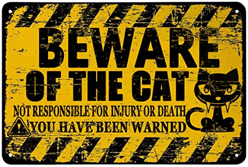 Teeshell Schild mit Aufschrift Beware of Cat, Aluminium, 30.5x20.3 cm, lustiges Katzenschild, Warnschilder, vorgebohrte Löcher für einfache Montage im Freien, für Zauntür oder Tor (Katze)