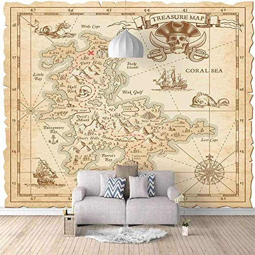 EPZEY 3D Wallpaper Wall Stickers Self Adhesive Mural Pirate Map for Living Room Bedroom Children's Room Restaurant Office Wall Photo Wall Decoration Tv Background Wall Art Wall Poster 300x210 cm