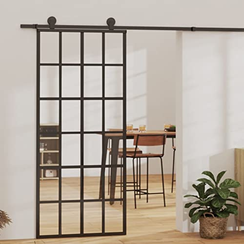 Tidyard Skjutdörr i aluminium och ESG-glas för badrum, kök, arbetsrum, kontor - 90 x 205 cm svart