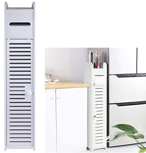 White Wooden Free Floor Standing Toilet Roll Tissue Paper Cabinet Bathroom Storage Cupboard Cabinet with Doors and Shelves, Thin Toilet Vanity Cabinet, Narrow Organizer Shelf Paper Holder 81x16x16cm