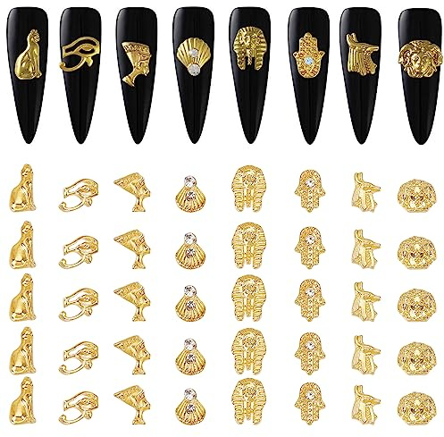 NICENEEDED 40 PCS 3D Or Égyptien Nail Charms, Alliage Vintage Strass Cristaux Nail Art Accessoire, Rétro Pharaoh Manucure Crafting Supplies