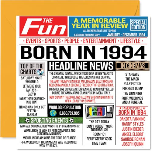 Geburtstagskarte zum 30. Geburtstag für Männer und Frauen, Zeitung Born | Happy 30 Birthday Card für Bruder, Schwester, Freunde, Vintage-Retro, Back in 1994, 145 mm x 145 mm