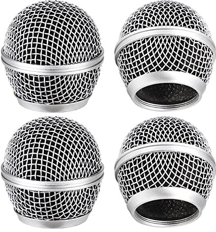 Facmogu 4PCS Microphone Head Replace Fits for SM58 SM58S BETA58, Grille Mic Replacement Ball Head, Microphone Grille Ball with Inner Foam, Steel Mesh Microphone Grille Heads, Grille Ball Type - Silver