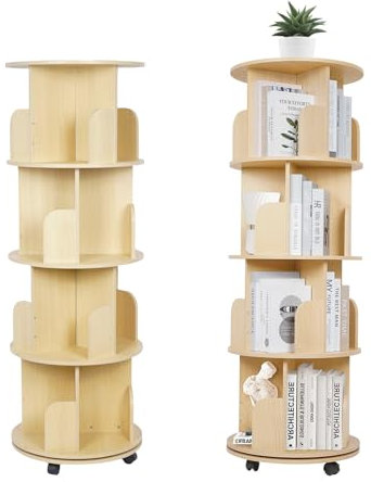 mosegor Drehbares Bücherregal mit 4 Ebenen, mobiles Holzregal, rund, drehbar, mit Rollen, 360° drehbar, freistehend, Eck-Bücherregal für Kinder, drehbar, für Schlafzimmer, Wohnzimmer, Arbeitszimmer,