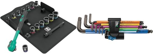 Wera 05005530001 8100 SB 12 Zyklop Comfort Knarrensatz & 05022210001 950/9 Hex-Plus Multicolour HF 1 Multicolour Winkelschlüsselsatz, metrisch, BlackLaser, mit Haltefunktion, 9-teilig