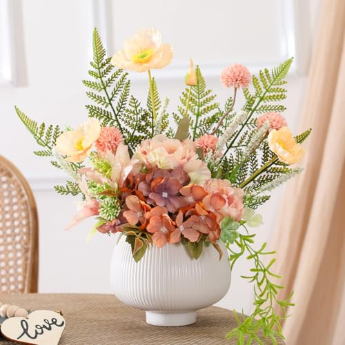 LUWENER Fleurs artificielles dans un vase, fleurs d'hortensia artificielles de 37 cm, dahlia orange en soie pour salon, chambre à coucher et salle de bain, décoration de table à manger