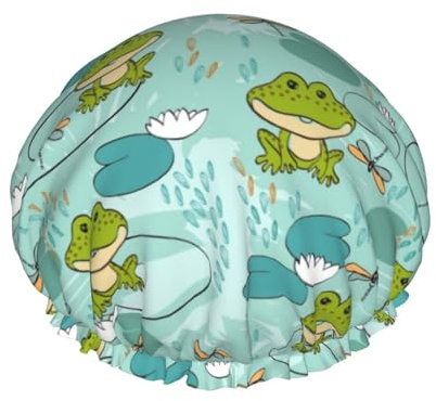 Wiederverwendbare Duschhaube für Damen, Frosch-Libellen-Badehaube, doppellagig, wasserdicht, Dusch-Haarschutz, verstellbares Gummiband, Duschhut für Home-Spa-Salon, Badehauben
