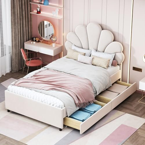 Kinderbett 90x200cm Polsterbett mit 2 Schubladen, Bettgestell mit Kopfteil in Blumenform, Teenie-Mädchenbett mit Lattenrost und Rückenlehne, Gepolstertes Bett Jugendbett für Mädchen, Samtstoff, Beige