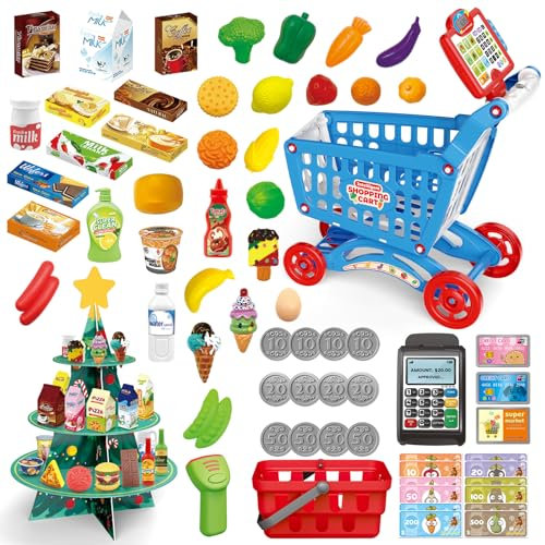RedCrab Kinder Einkaufswagen Wagen mit Kinderkasse und Weihnachtsbaum-Regal, 84Pcs Kaufmannsladen Spielset: Obst, Gemüse, Lebensmittel, Eiscreme und Geld Spielen Rollenspiel ab 3 Jahren(Blau)